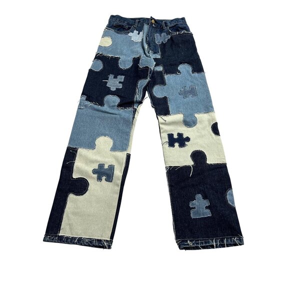 Rough Cut Jigsaw Puzzle Patchwork Jeans in Blue Patchwork Denims - Picture 1 of 3